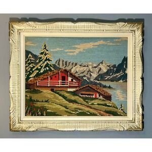 Vintage Framed Needlepoint Alpine Landscape Mountain Chalet Scene Gold Frame